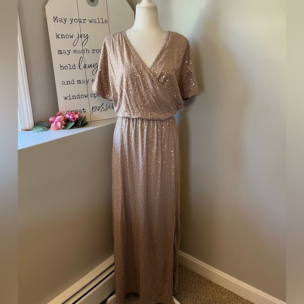 Garnet Hill Champagne Sequined Knit Maxi Dress